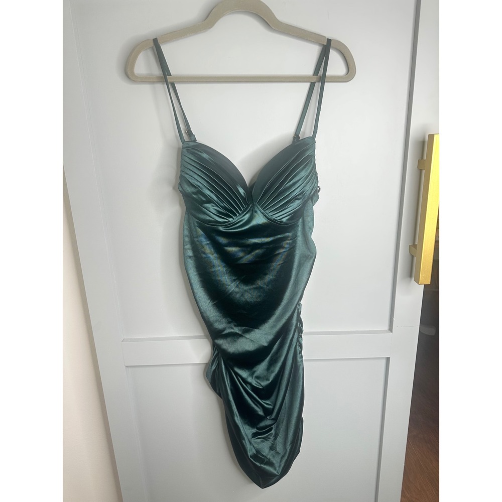 Guess Taima Dark Jade Green Ruched Satin Bodycon Mini Dress‎ XL Q2OK03KB0T0 NWT